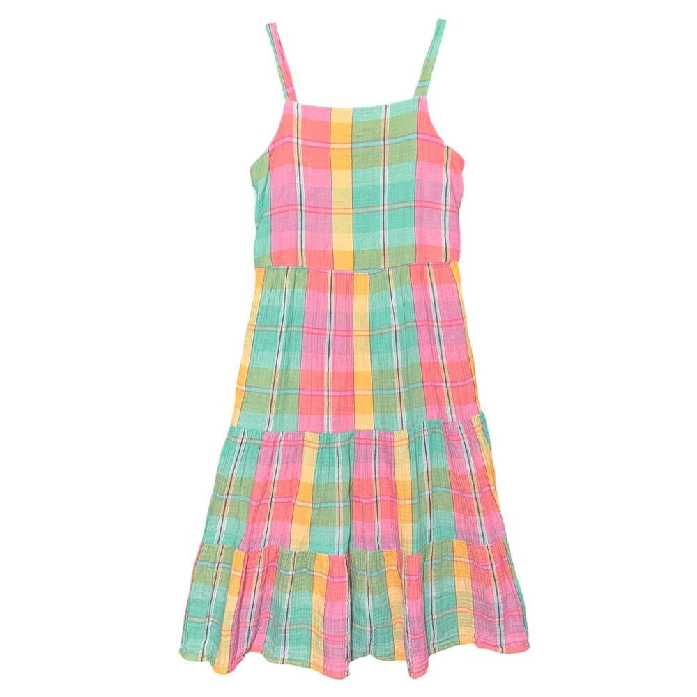 Gap Girls Tiered Midi Sundress Sleeveless Pastel Plaid Lagoon Print Pink Green